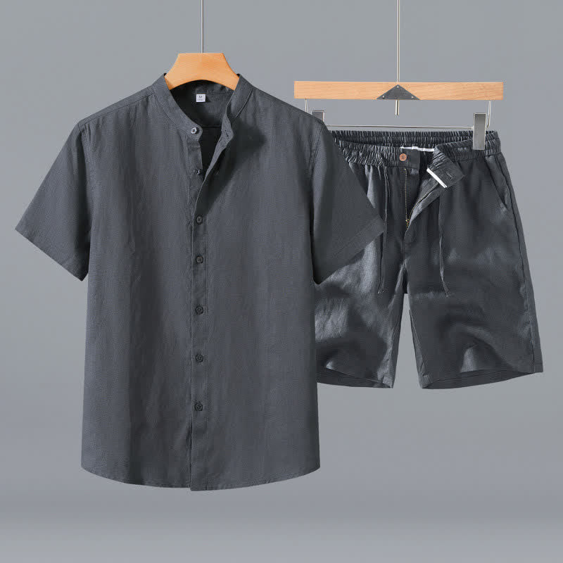 Buddha Stones Completo estivo da uomo composto da camicia a maniche corte in lino tinta unita con colletto alla coreana e bottoni, ideale per la meditazione, con tasca. - Camicia grigia + pantaloncini - US/UK/AU42, EU52 (3XL) - image 9