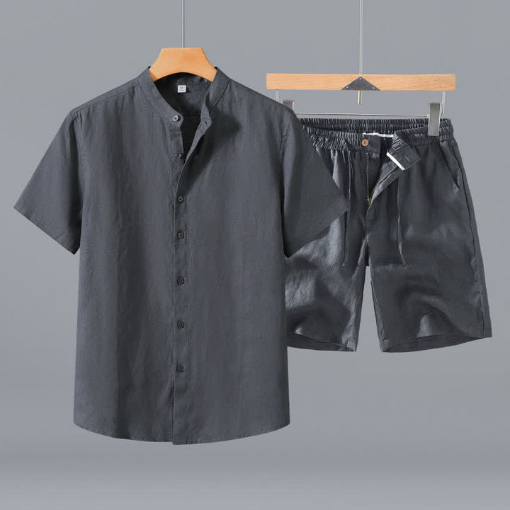 Buddha Stones Completo estivo da uomo composto da camicia a maniche corte in lino tinta unita con colletto alla coreana e bottoni, ideale per la meditazione, con tasca. - Camicia grigia + pantaloncini - US/UK/AU42, EU52 (3XL) - image 9