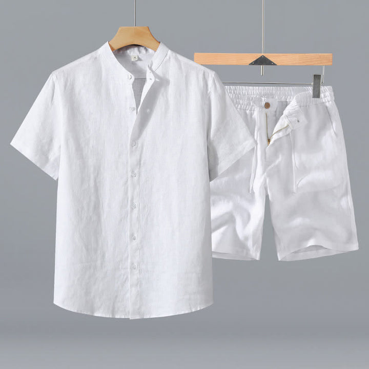 Buddha Stones Completo estivo da uomo composto da camicia a maniche corte in lino tinta unita con colletto alla coreana e bottoni, ideale per la meditazione, con tasca. - Camicia bianca + pantaloncini - US/UK/AU42, EU52 (3XL) - image 18