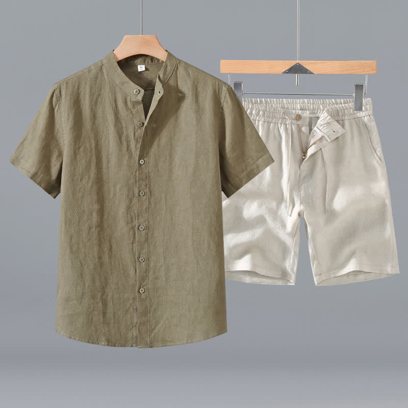 Buddha Stones Completo estivo da uomo composto da camicia a maniche corte in lino tinta unita con colletto alla coreana e bottoni, ideale per la meditazione, con tasca. - Camicia color kaki scuro + pantaloncini beige - US/UK/AU42, EU52 (3XL) - image 0