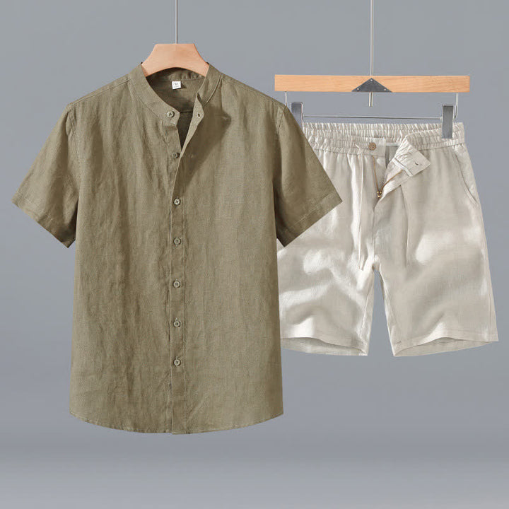 Buddha Stones Completo estivo da uomo composto da camicia a maniche corte in lino tinta unita con colletto alla coreana e bottoni, ideale per la meditazione, con tasca. - Camicia color kaki scuro + pantaloncini beige - US/UK/AU42, EU52 (3XL) - image 0