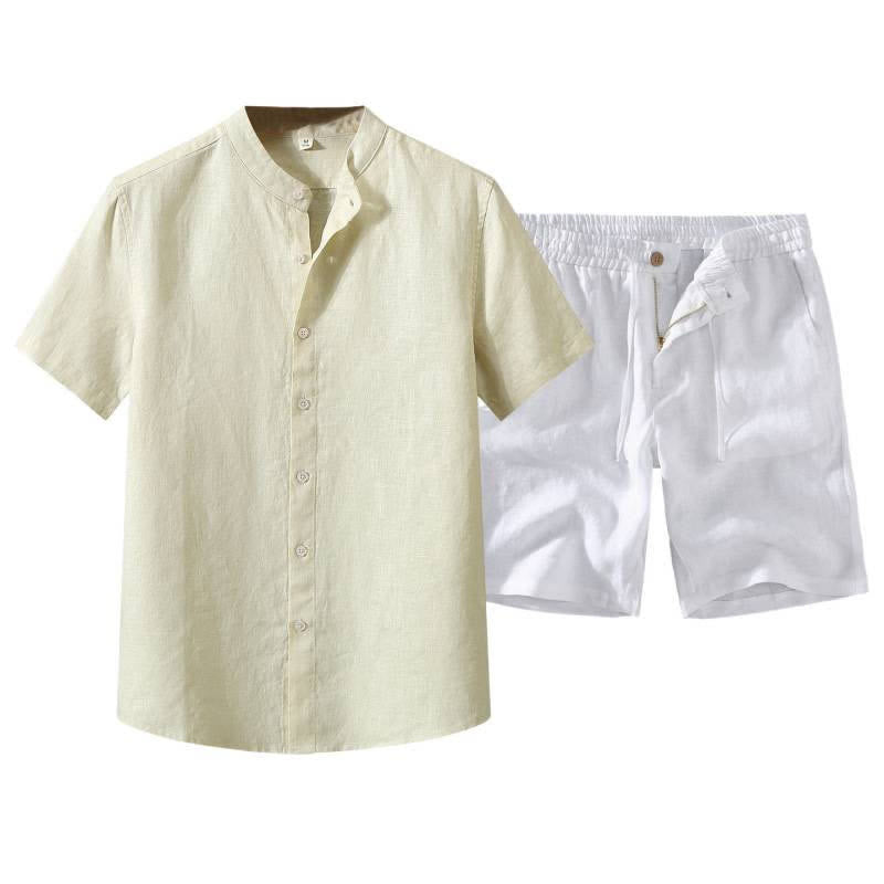 Buddha Stones Completo estivo da uomo composto da camicia a maniche corte in lino tinta unita con colletto alla coreana e bottoni, ideale per la meditazione, con tasca. - image 11