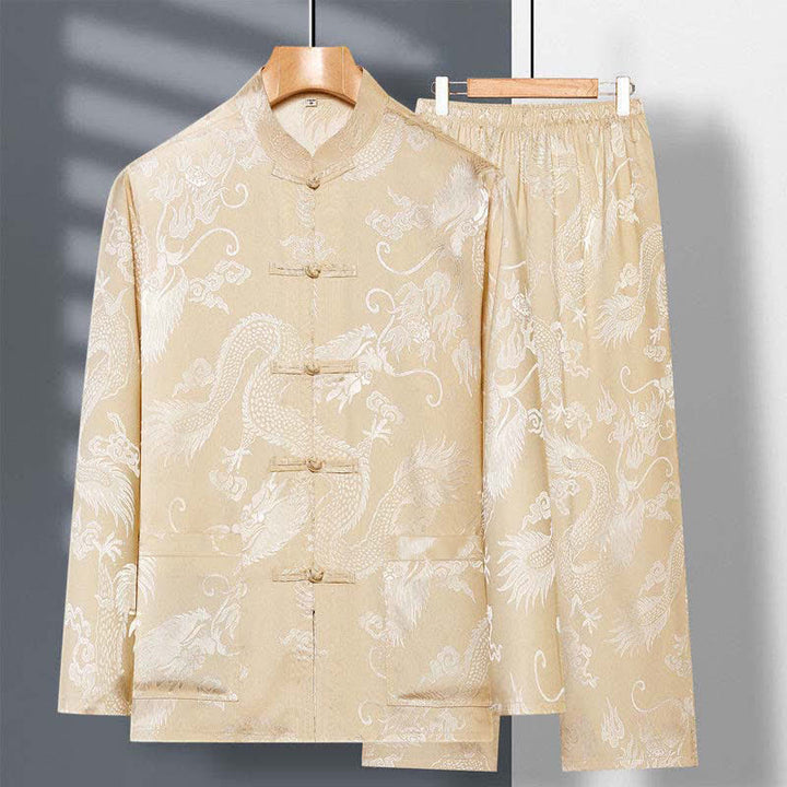 Buddha Stones 2 pezzi Tang Suit Drago Rana-bottone Uomo Manica Lunga Camicia Pantaloni Abbigliamento Set - Cachi - US/UK/AU42, EU52 (3XL) - image 2