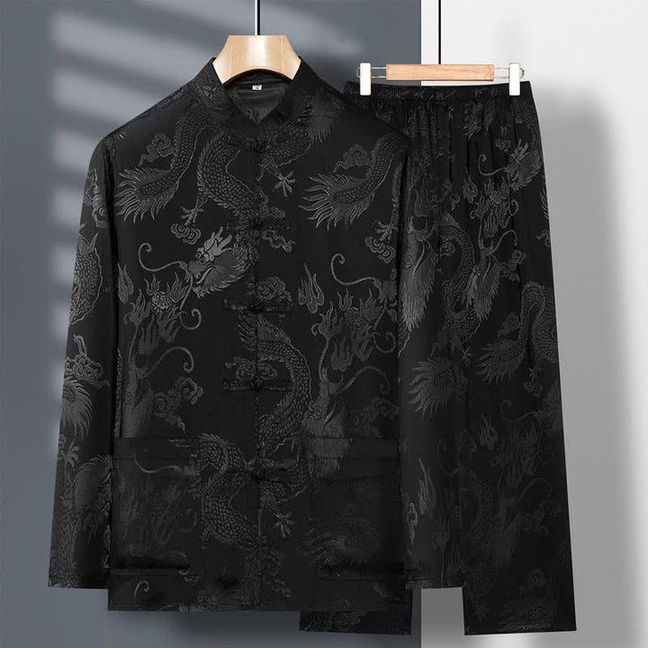 Buddha Stones 2 pezzi Tang Suit Drago Rana-bottone Uomo Manica Lunga Camicia Pantaloni Abbigliamento Set - Nero - US/UK/AU42, EU52 (3XL) - image 17