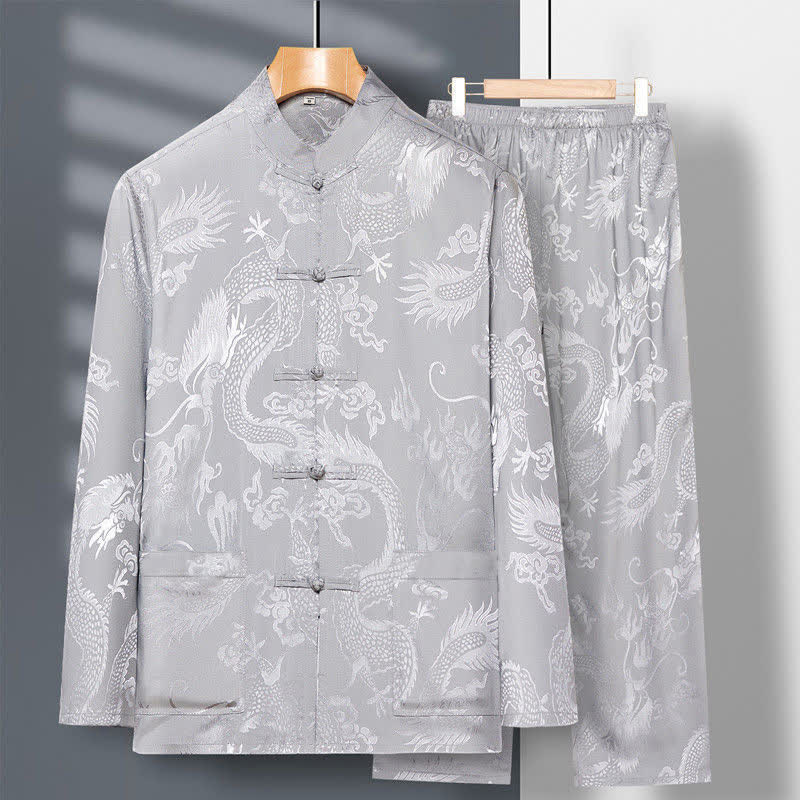 Buddha Stones 2 pezzi Tang Suit Drago Rana-bottone Uomo Manica Lunga Camicia Pantaloni Abbigliamento Set - Grigio chiaro - US/UK/AU42, EU52 (3XL) - image 6