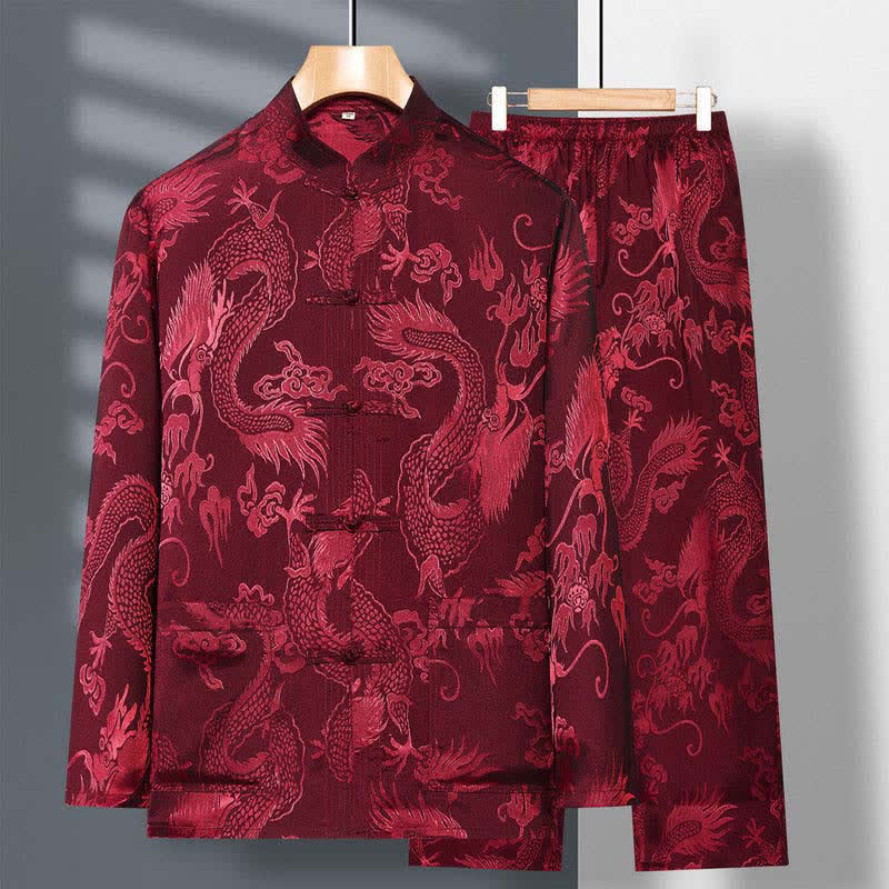Buddha Stones 2 pezzi Tang Suit Drago Rana-bottone Uomo Manica Lunga Camicia Pantaloni Abbigliamento Set - FireBrick - US/UK/AU42, EU52 (3XL) - image 4