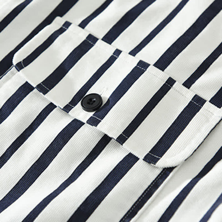 Buddha Stones Camicia da uomo a maniche lunghe a righe, classica, primaverile, casual, con bottoni e taschino. - image 4