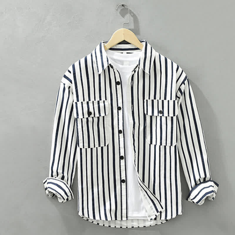 Buddha Stones Camicia da uomo a maniche lunghe a righe, classica, primaverile, casual, con bottoni e taschino. - Bianco - US/UK/AU42, EU52 (3XL) - image 0