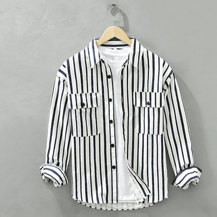 Buddha Stones Camicia da uomo a maniche lunghe a righe, classica, primaverile, casual, con bottoni e taschino. - Bianco - US/UK/AU42, EU52 (3XL) - image 0