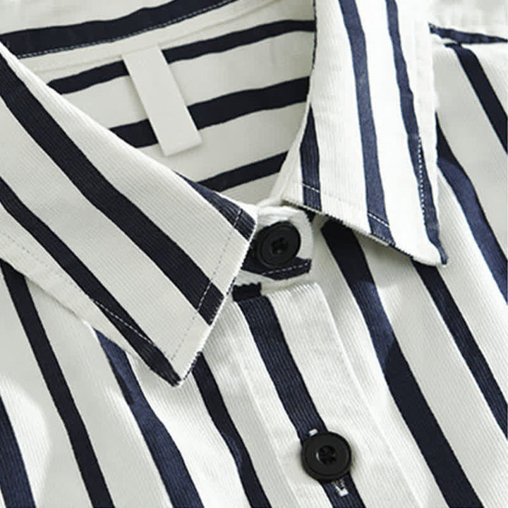 Buddha Stones Camicia da uomo a maniche lunghe a righe, classica, primaverile, casual, con bottoni e taschino. - image 3