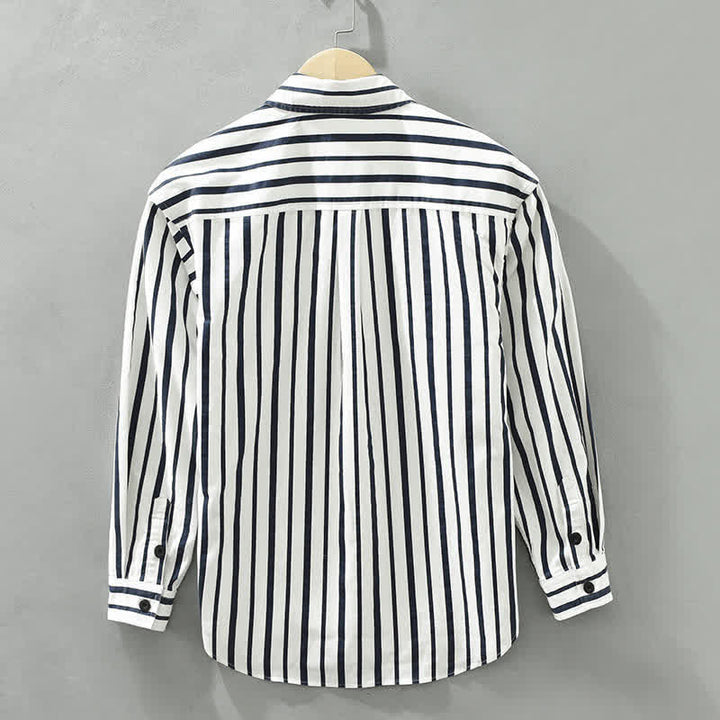 Buddha Stones Camicia da uomo a maniche lunghe a righe, classica, primaverile, casual, con bottoni e taschino. - image 1