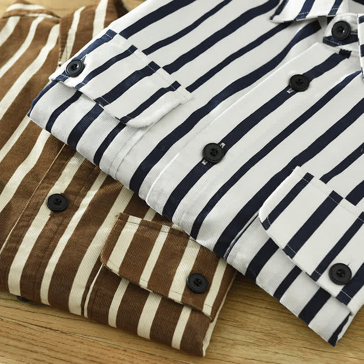 Buddha Stones Camicia da uomo a maniche lunghe a righe, classica, primaverile, casual, con bottoni e taschino. - image 16