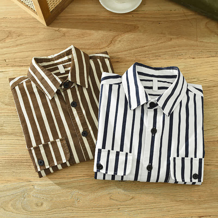 Buddha Stones Camicia da uomo a maniche lunghe a righe, classica, primaverile, casual, con bottoni e taschino. - image 15