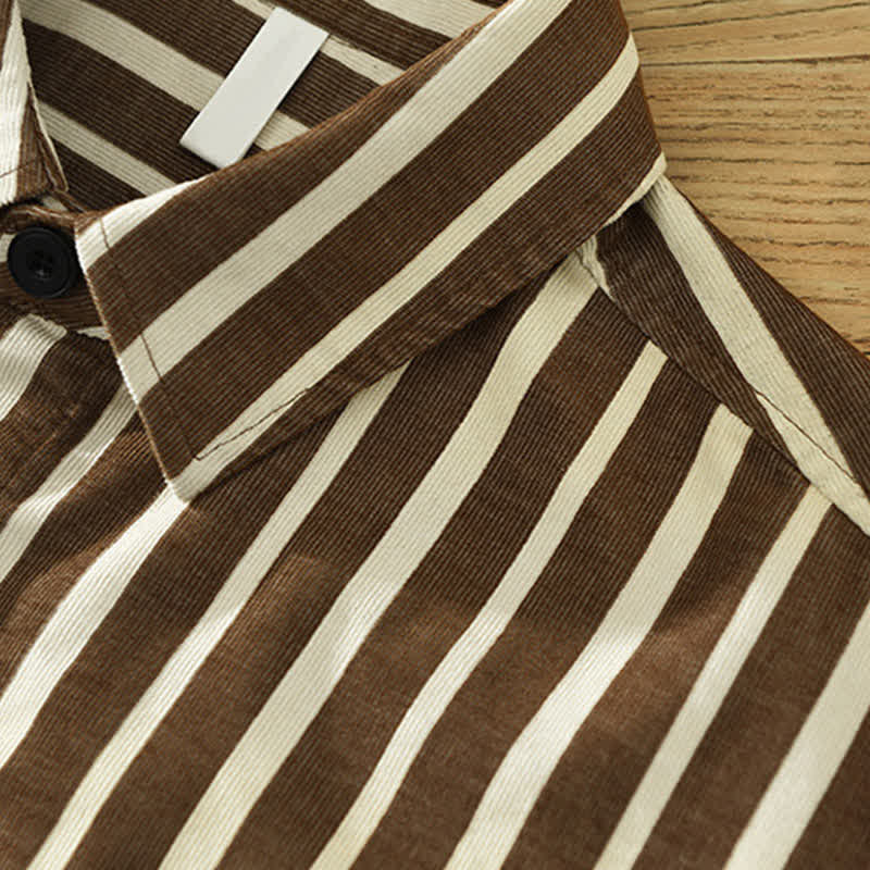 Buddha Stones Camicia da uomo a maniche lunghe a righe, classica, primaverile, casual, con bottoni e taschino. - image 12