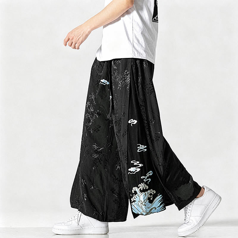 Buddha Stones Pantaloni corti da uomo a gamba larga con coulisse, stile Tang, primavera/estate, con ricami astratti e tasca. - image 4