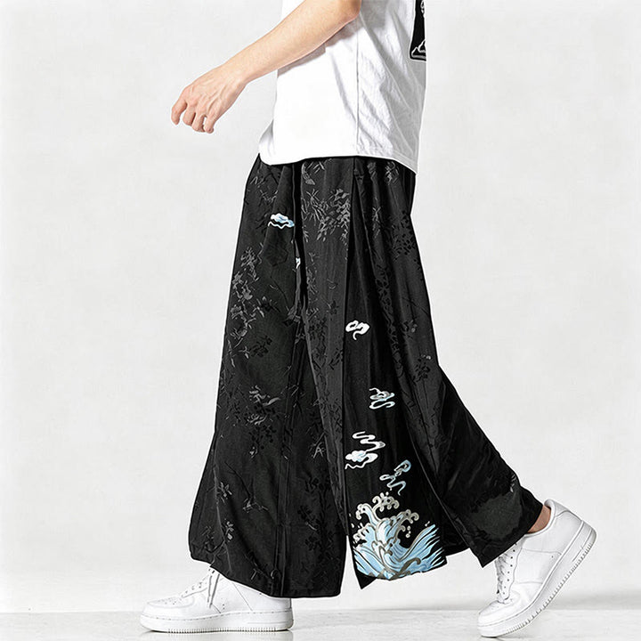 Buddha Stones Pantaloni corti da uomo a gamba larga con coulisse, stile Tang, primavera/estate, con ricami astratti e tasca. - image 4