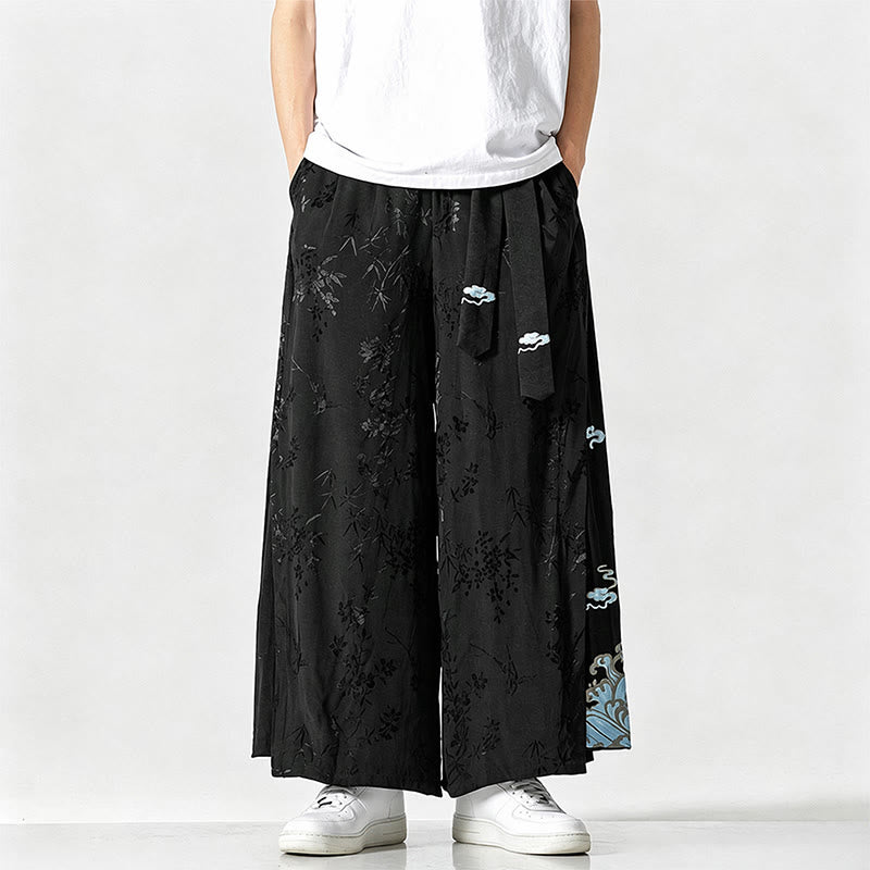 Buddha Stones Pantaloni corti da uomo a gamba larga con coulisse, stile Tang, primavera/estate, con ricami astratti e tasca. - image 1