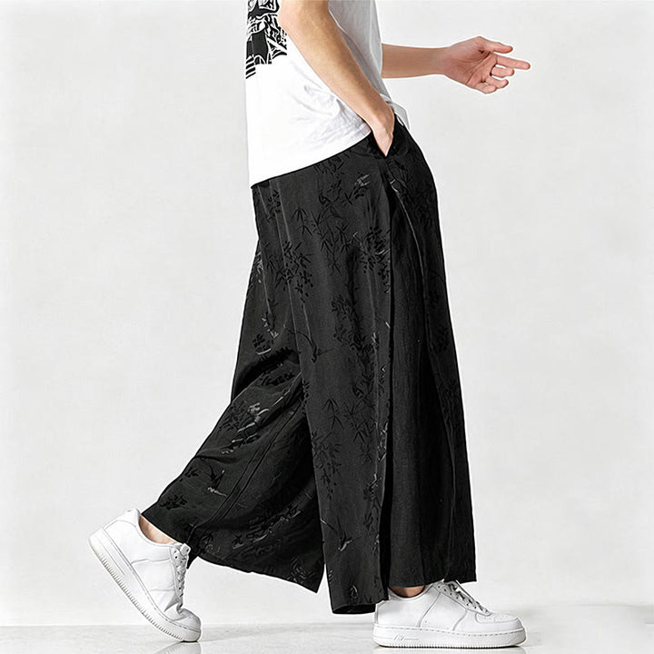 Buddha Stones Pantaloni corti da uomo a gamba larga con coulisse, stile Tang, primavera/estate, con ricami astratti e tasca. - image 3