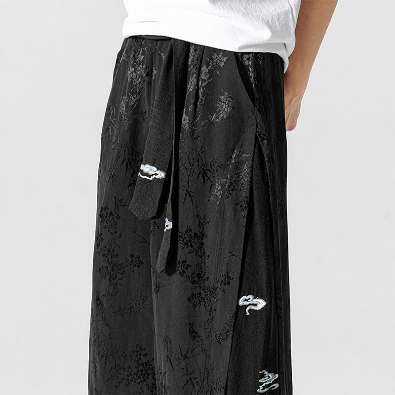 Buddha Stones Pantaloni corti da uomo a gamba larga con coulisse, stile Tang, primavera/estate, con ricami astratti e tasca. - image 8