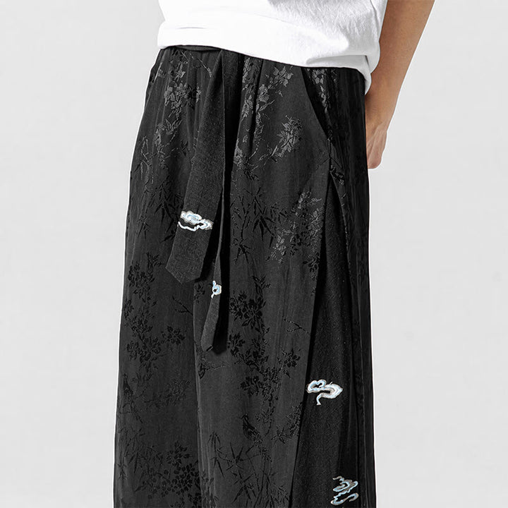 Buddha Stones Pantaloni corti da uomo a gamba larga con coulisse, stile Tang, primavera/estate, con ricami astratti e tasca. - image 8