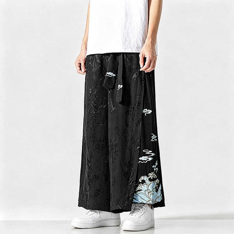 Buddha Stones Pantaloni corti da uomo a gamba larga con coulisse, stile Tang, primavera/estate, con ricami astratti e tasca. - image 5