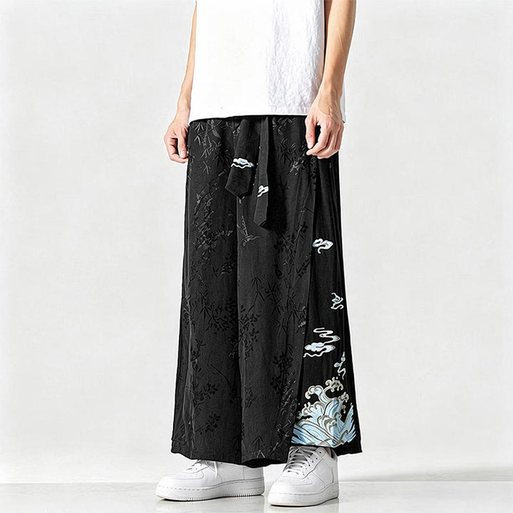 Buddha Stones Pantaloni corti da uomo a gamba larga con coulisse, stile Tang, primavera/estate, con ricami astratti e tasca. - image 5