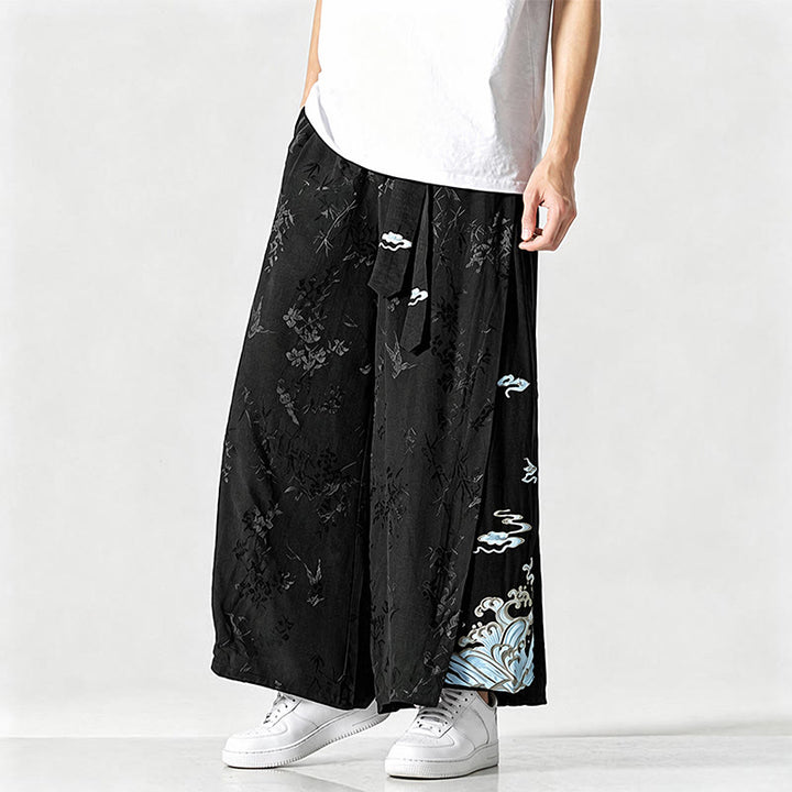 Buddha Stones Pantaloni corti da uomo a gamba larga con coulisse, stile Tang, primavera/estate, con ricami astratti e tasca. - image 2