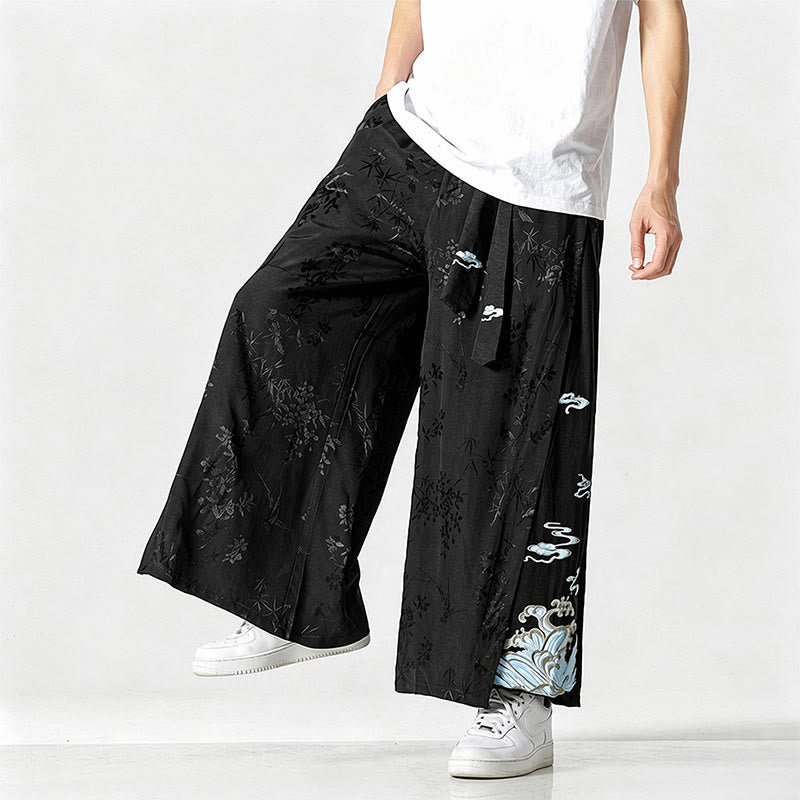Buddha Stones Pantaloni corti da uomo a gamba larga con coulisse, stile Tang, primavera/estate, con ricami astratti e tasca. - Nero - US/UK/AU46, EU56 (5XL) - image 0