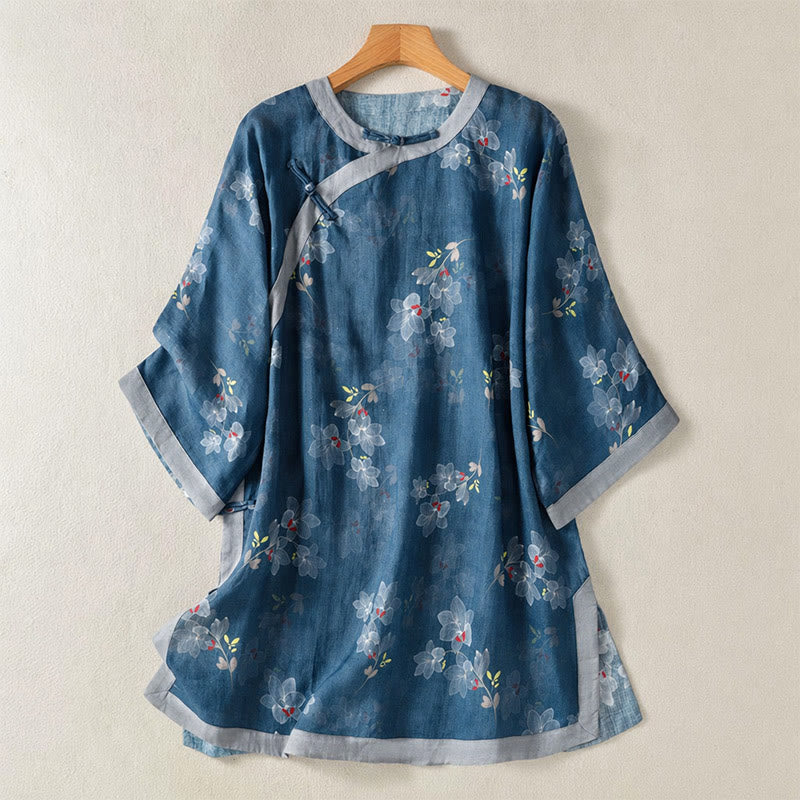 Buddha Stones Camicie da donna in cotone e lino stile Tang vintage con bottoni a rana e stampa floreale, maniche a tre quarti, primavera/estate. - SteelBlue - US12, UK/AU16, EU44 (2XL) - image 0