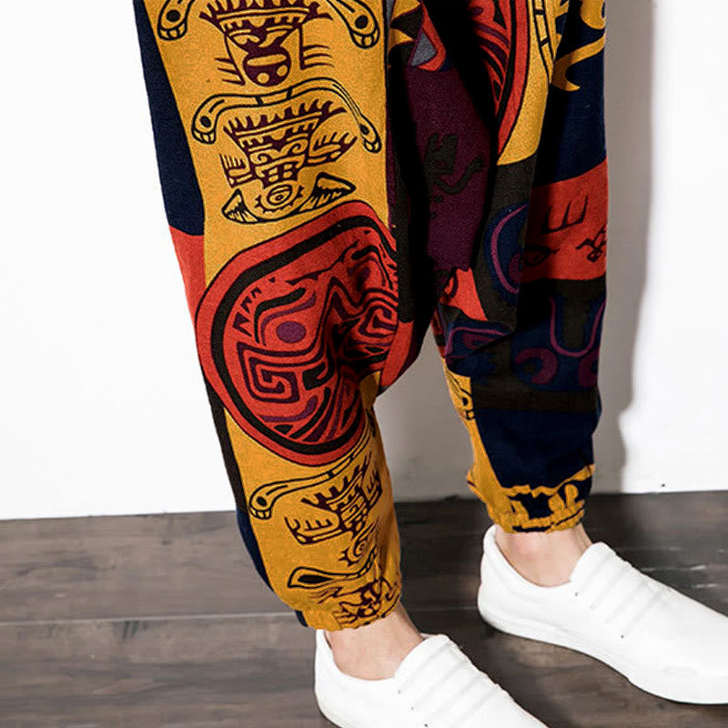 Pantaloni harem da uomo con tasche e stampa di uccelli graffiti rossi e marroni con Buddha Stones - image 11