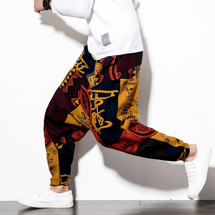 Pantaloni harem da uomo con tasche e stampa di uccelli graffiti rossi e marroni con Buddha Stones - image 6