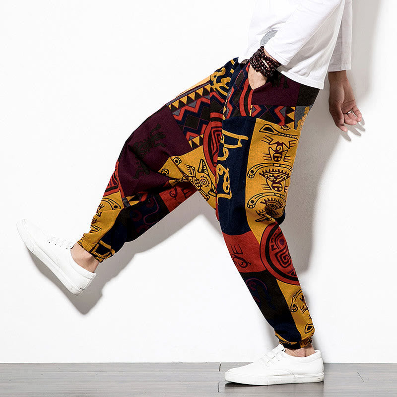 Pantaloni harem da uomo con tasche, stampa graffiti e uccelli, colore rosso e marrone con Buddha Stones. - image 7