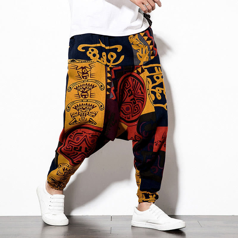 Pantaloni harem da uomo con tasche, stampa graffiti e uccelli, colore rosso e marrone con Buddha Stones. - image 4
