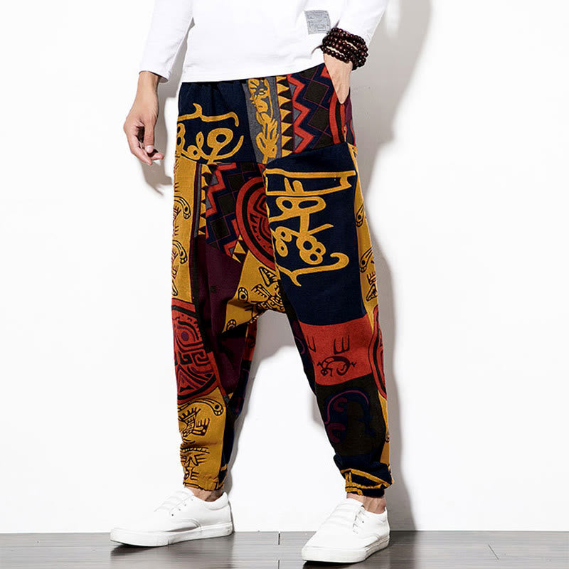 Pantaloni harem da uomo con tasche, stampa graffiti e uccelli, colore rosso e marrone con Buddha Stones. - image 3