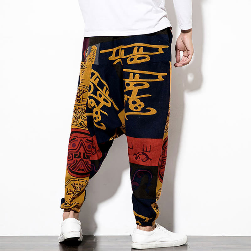 Pantaloni harem da uomo con tasche, stampa graffiti e uccelli, colore rosso e marrone con Buddha Stones. - image 2