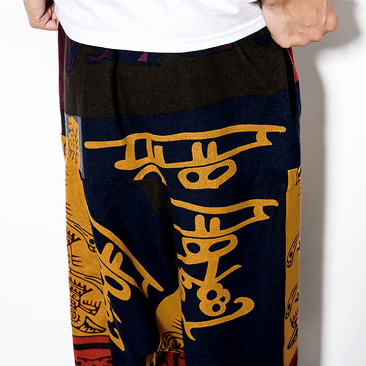 Pantaloni harem da uomo con tasche, stampa graffiti e uccelli, colore rosso e marrone con Buddha Stones. - image 10