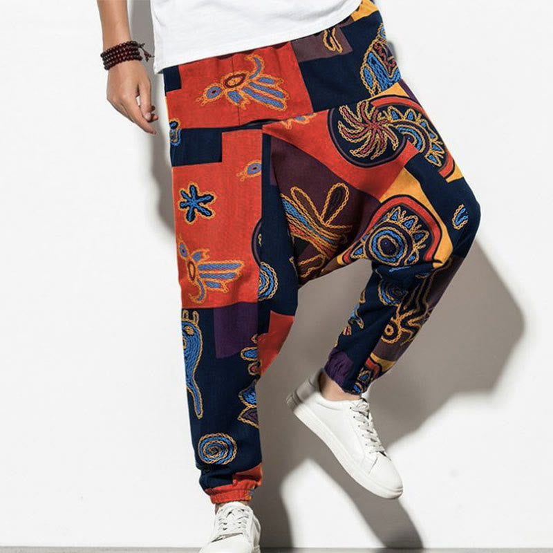 Pantaloni harem da uomo con tasche e stampa di uccelli graffiti rossi e marroni con Buddha Stones - Arancione scuro - US/UK/AU44，EU54 (5XL) - image 12