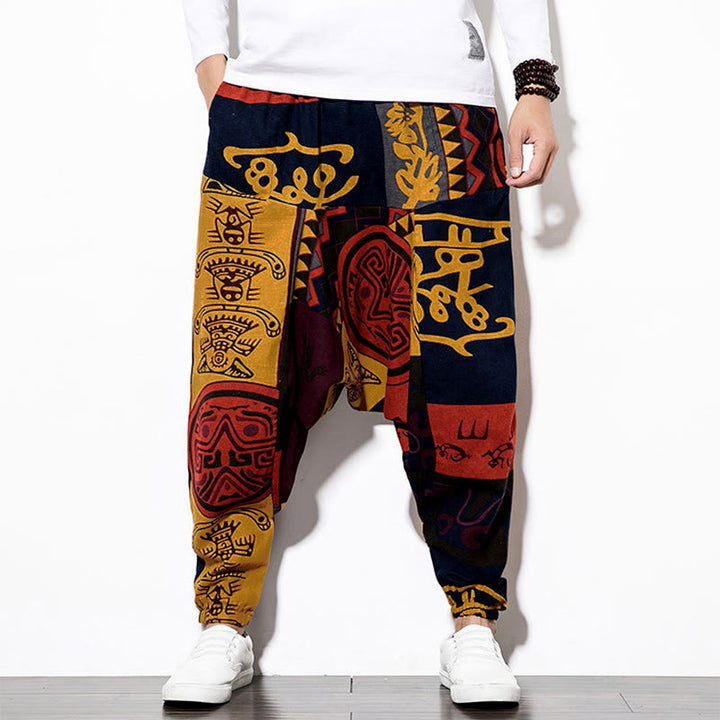 Pantaloni harem da uomo con tasche, stampa graffiti e uccelli, colore rosso e marrone con Buddha Stones. - image 5