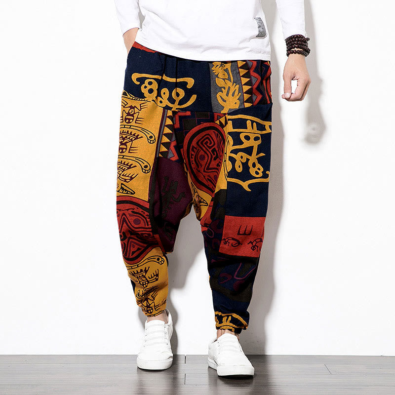 Pantaloni harem da uomo con tasche, stampa graffiti e uccelli, colore rosso e marrone con Buddha Stones. - image 1