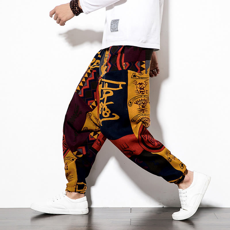 Pantaloni harem da uomo con tasche, stampa graffiti e uccelli, colore rosso e marrone con Buddha Stones. - SandyBrown - US/UK/AU44，EU54 (5XL) - image 0