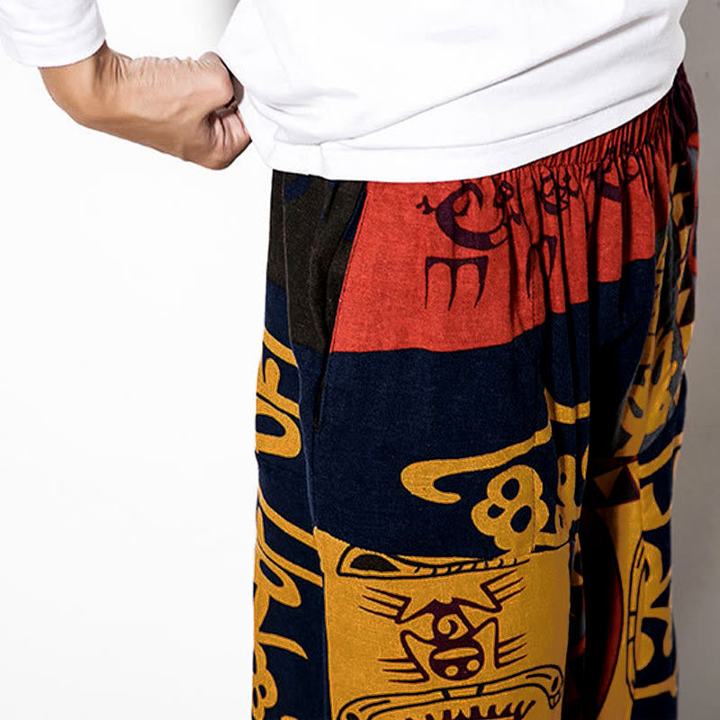 Pantaloni harem da uomo con tasche, stampa graffiti e uccelli, colore rosso e marrone con Buddha Stones. - image 9