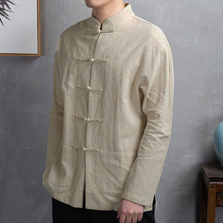 Camicia da uomo casual a tinta unita con bottoni a rana e motivo Buddha Stones. - image 1