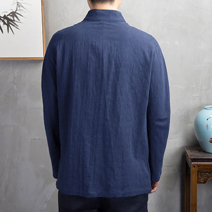 Camicia da uomo casual a tinta unita con bottoni a rana e motivo Buddha Stones. - image 8