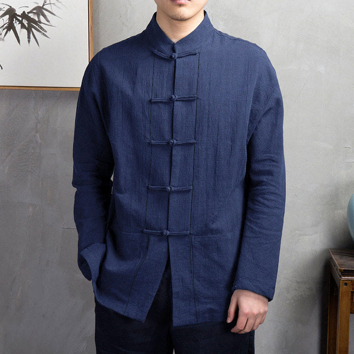 Camicia da uomo casual a tinta unita con bottoni a rana e motivo Buddha Stones. - SteelBlue - US/UK/AU44，EU54 (5XL) - image 5