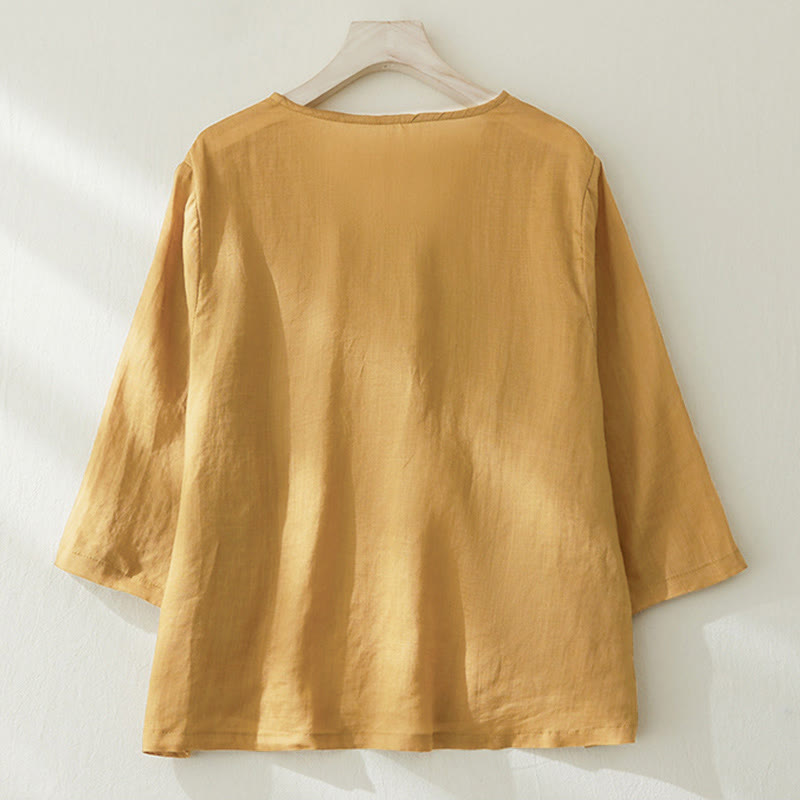 Camicia da donna casual con maniche a tre quarti e ricamo di piante Buddha Stones. - image 14
