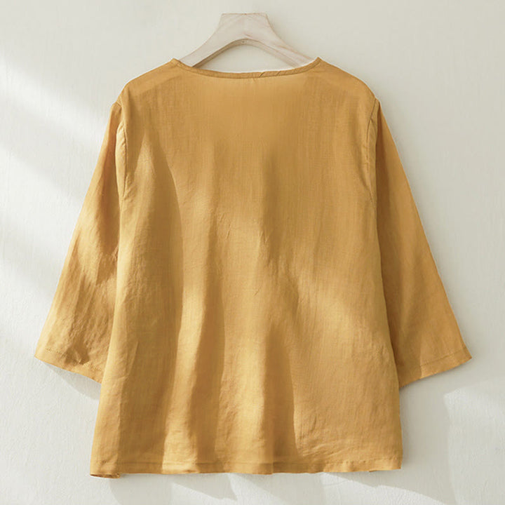 Camicia da donna casual con maniche a tre quarti e ricamo di piante Buddha Stones. - image 14