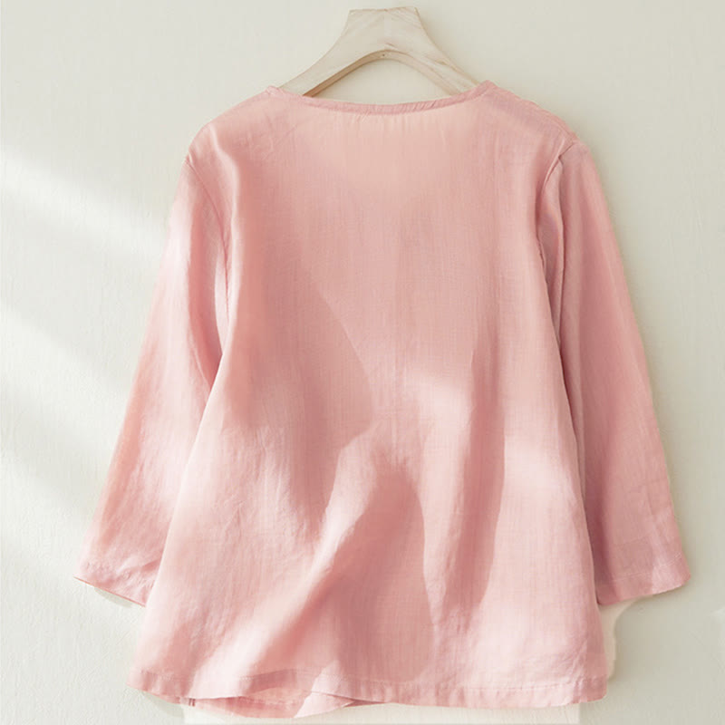 Camicia da donna casual con maniche a tre quarti e ricamo di piante Buddha Stones. - image 1