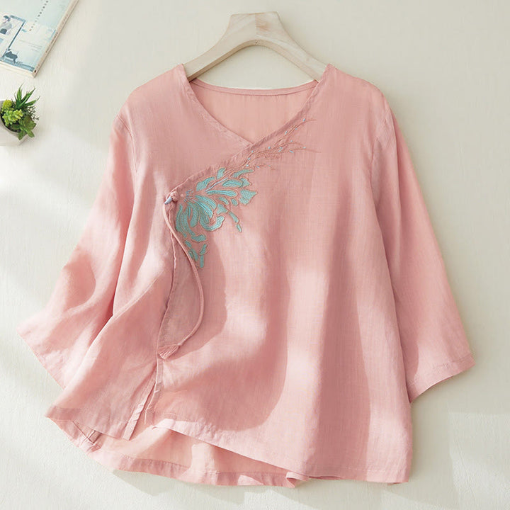Camicia da donna casual con maniche a tre quarti e ricamo di piante Buddha Stones. - Rosa Nebbiosa - US8-10, UK/AU12-14, EU40-42 (2XL) - image 0