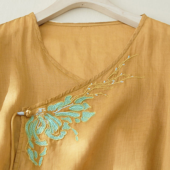Camicia da donna casual con maniche a tre quarti e ricamo di piante Buddha Stones. - image 15