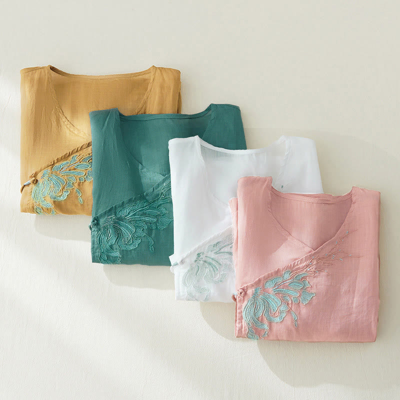 Camicia da donna casual con maniche a tre quarti e ricamo di piante Buddha Stones. - image 26